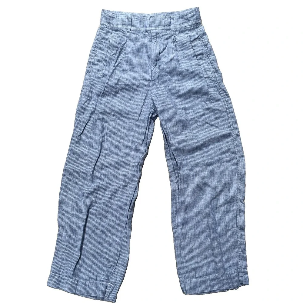 Everlane Women's Linen Pants Size 6 Blue White Stripe High Rise Pleated Wide Leg